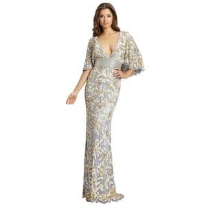 Mac Duggal Evening Gown 4574D Sequin Bead Embellished Cape Gown Platinum Size 8